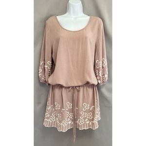 Women's Monoreno Pink Floral Embroidered Bohemian Dress‎ Sz Large Linen